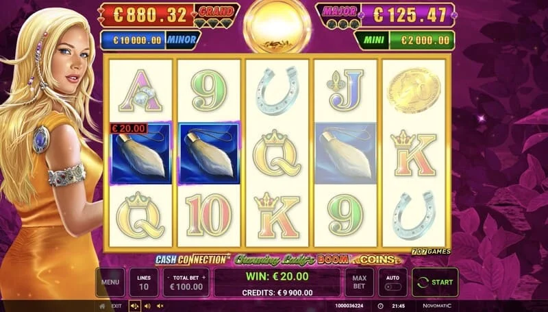 Cash Connection - Charming Lady's Boom Coins - alapjáték képernyő sornyereménnyel