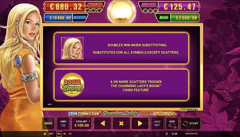 Cash Connection - Charming Lady's Boom Coins - Boom Coins kör indulása 7×5-ös rácson