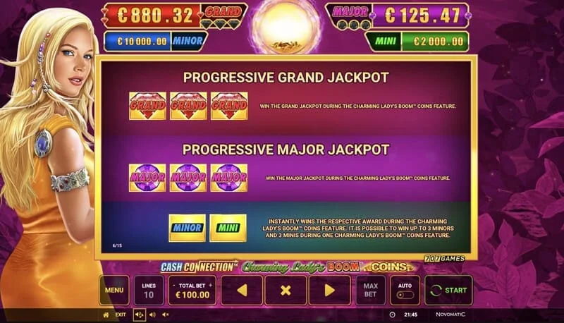 Cash Connection - Charming Lady's Boom Coins - Mini, Minor, Major és Grand Jackpot táblázat