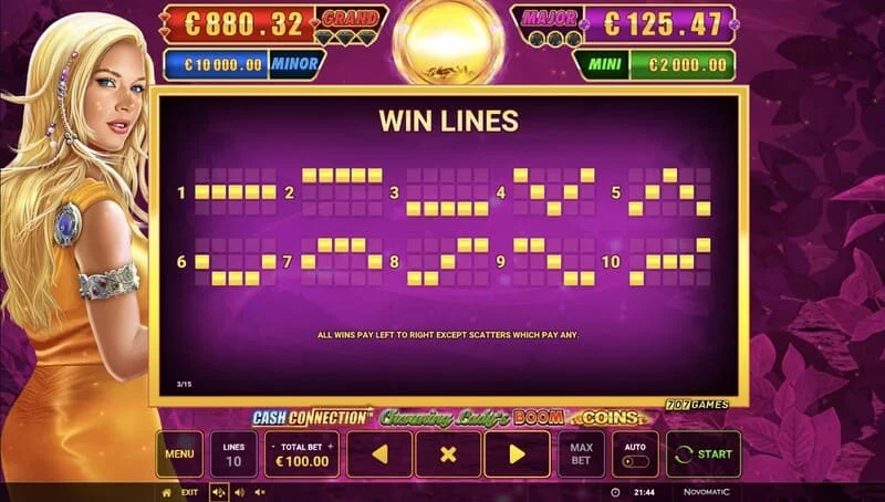Cash Connection - Charming Lady's Boom Coins - nyerővonalak és Wild Charming Lady